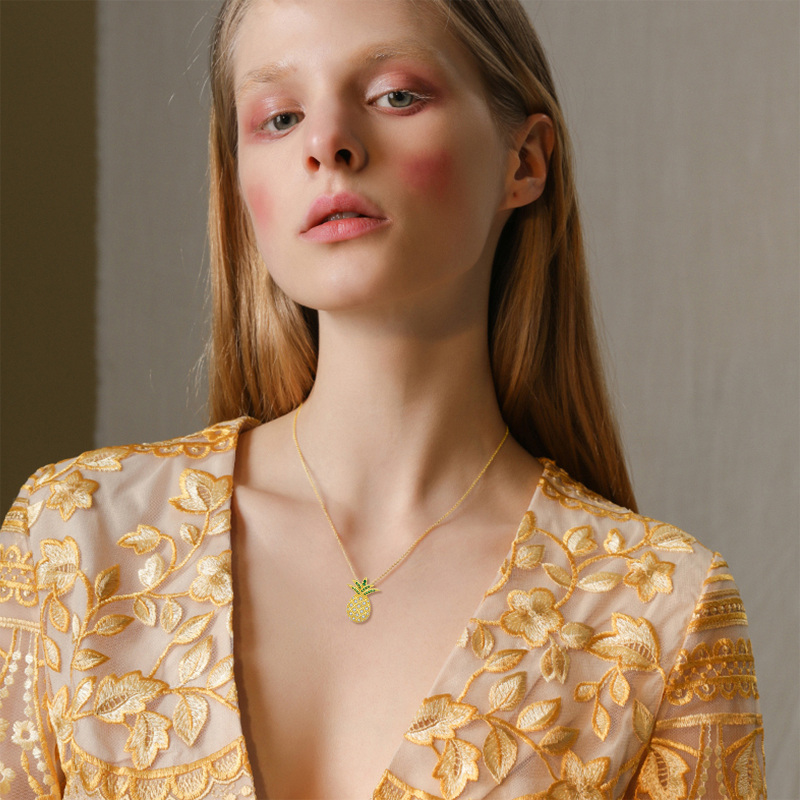 Collar de piña con circonitas cúbicas y oro de 14 quilates para mujer-3