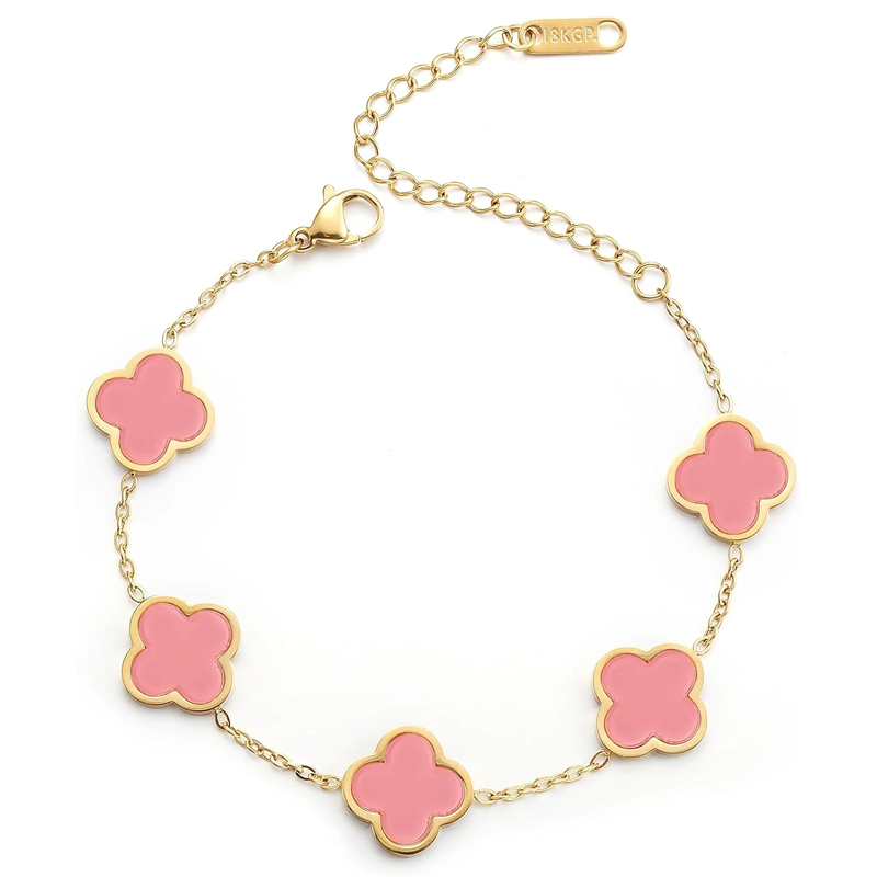 14K Gold Pink Four Leaf Clover Bracelet for Women-1