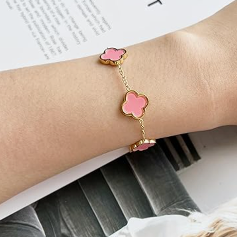 14K Gold Pink Four Leaf Clover Bracelet for Women-2