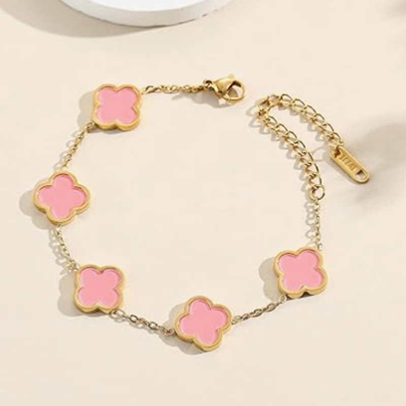 14K Gold Pink Four Leaf Clover Bracelet for Women-3