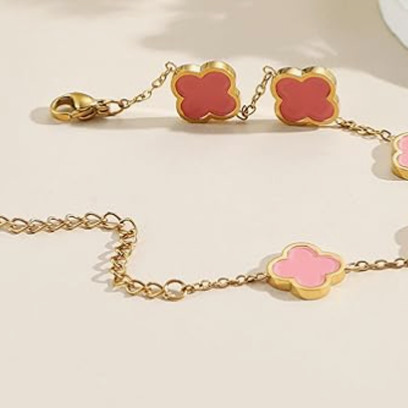 14K Gold Pink Four Leaf Clover Bracelet for Women-4