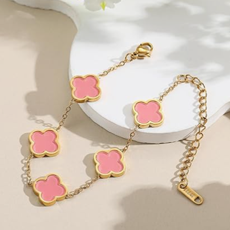 14K Gold Pink Four Leaf Clover Bracelet for Women-5