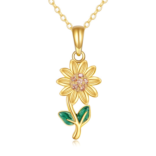 10K Gold Pink Cubic Zirconia Sunflower Pendant Necklace