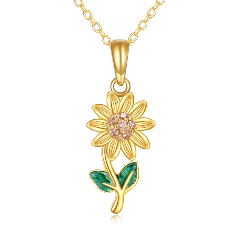 10K Gold Pink Cubic Zirconia Sunflower Pendant Necklace-12