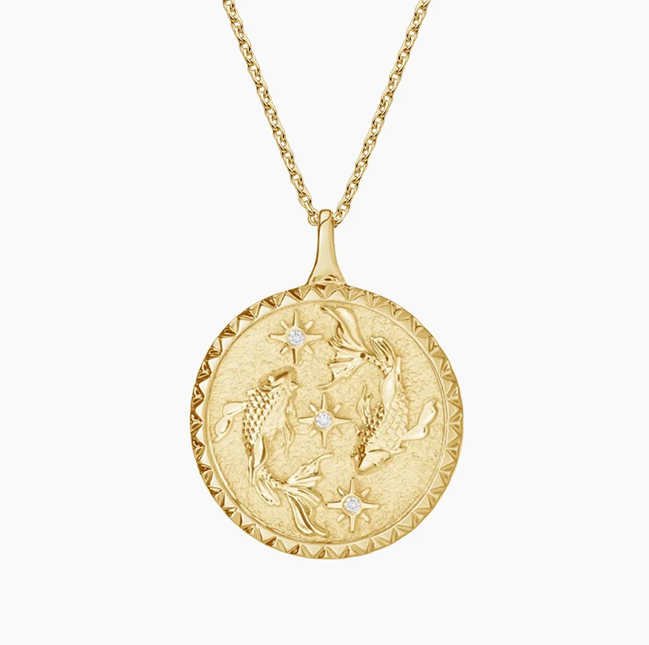 Collar con medallón de diamantes del signo zodiacal Piscis en oro de 14 quilates-1