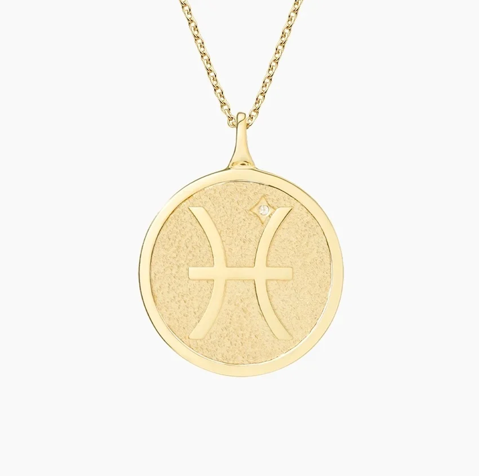 Collar con medallón de diamantes del signo zodiacal Piscis en oro de 14 quilates-3