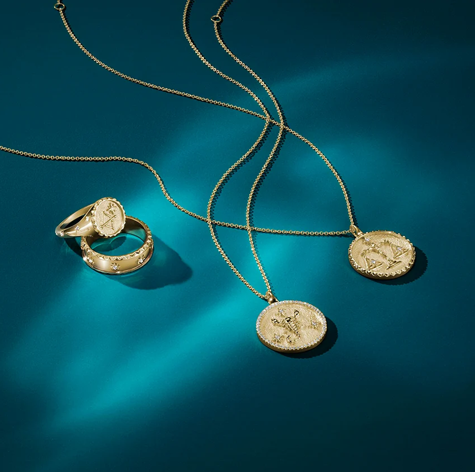 Collar con medallón de diamantes del signo zodiacal Piscis en oro de 14 quilates-4