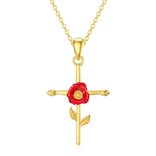 10K Gold Poppy & Cross Pendant Necklace