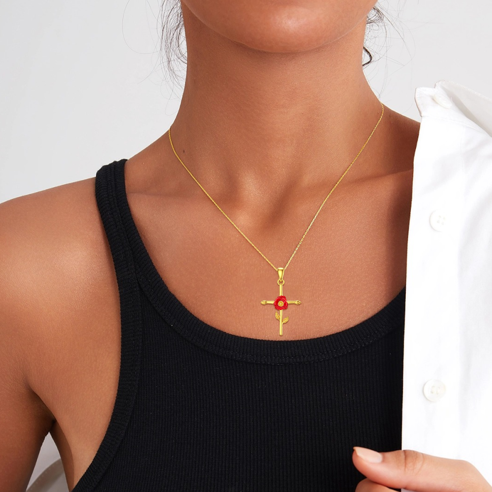 Colar com pingente de cruz de papoula em ouro 10K-2