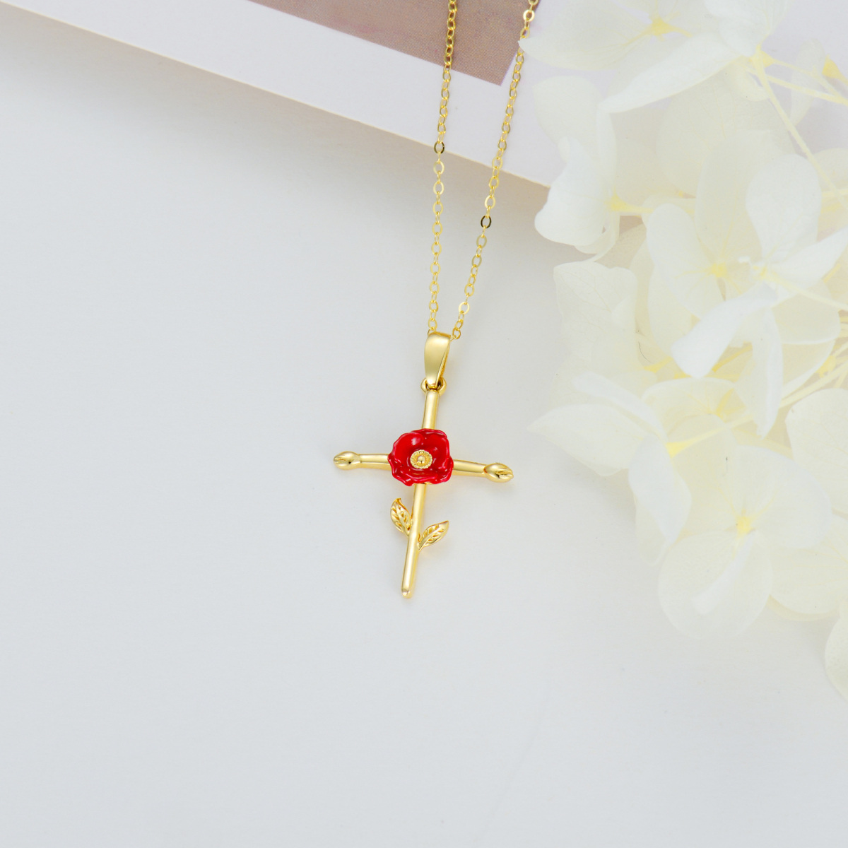 14K Gold Poppy & Cross Pendant Necklace-3