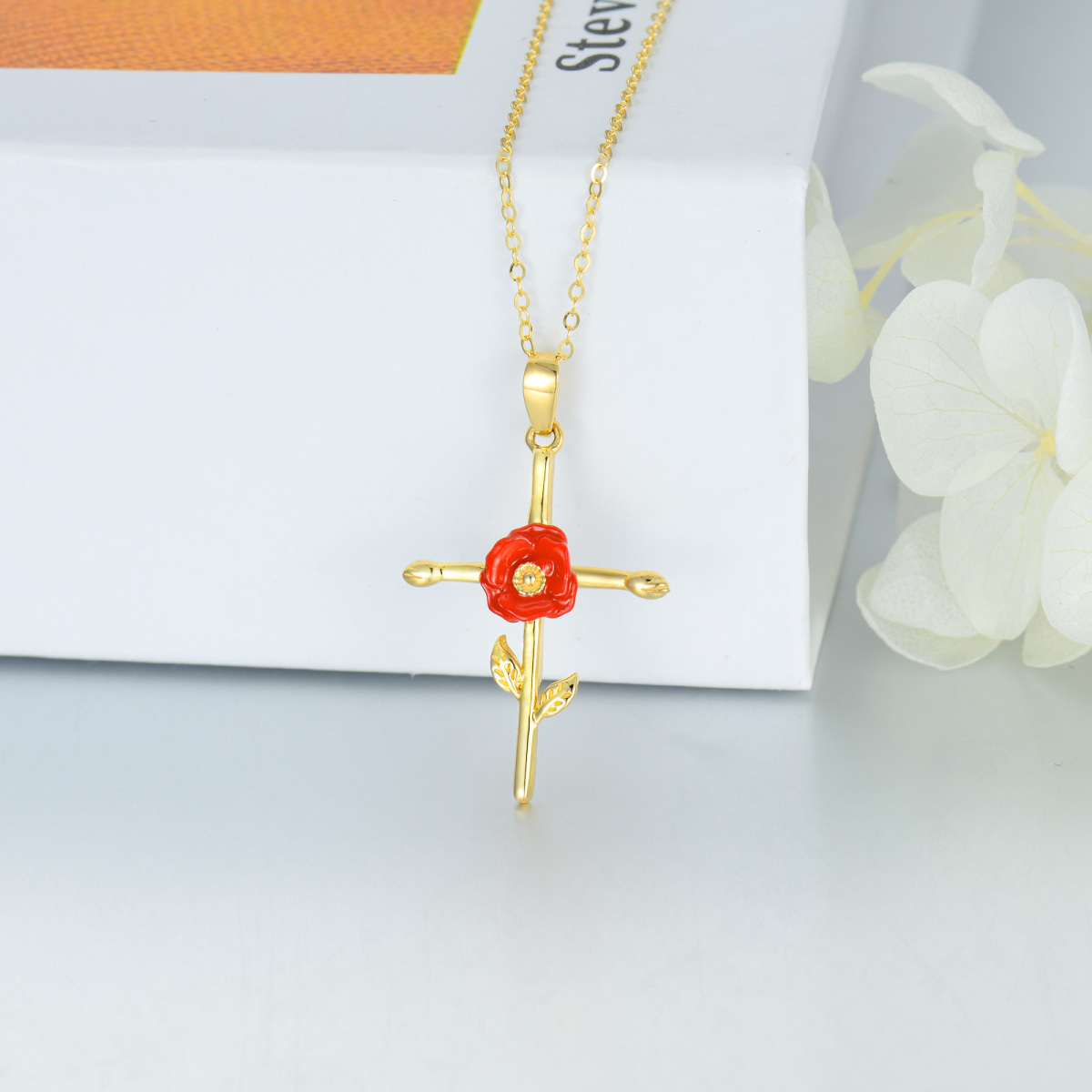 Collier pendentif croix coquelicot en or 14 carats-4