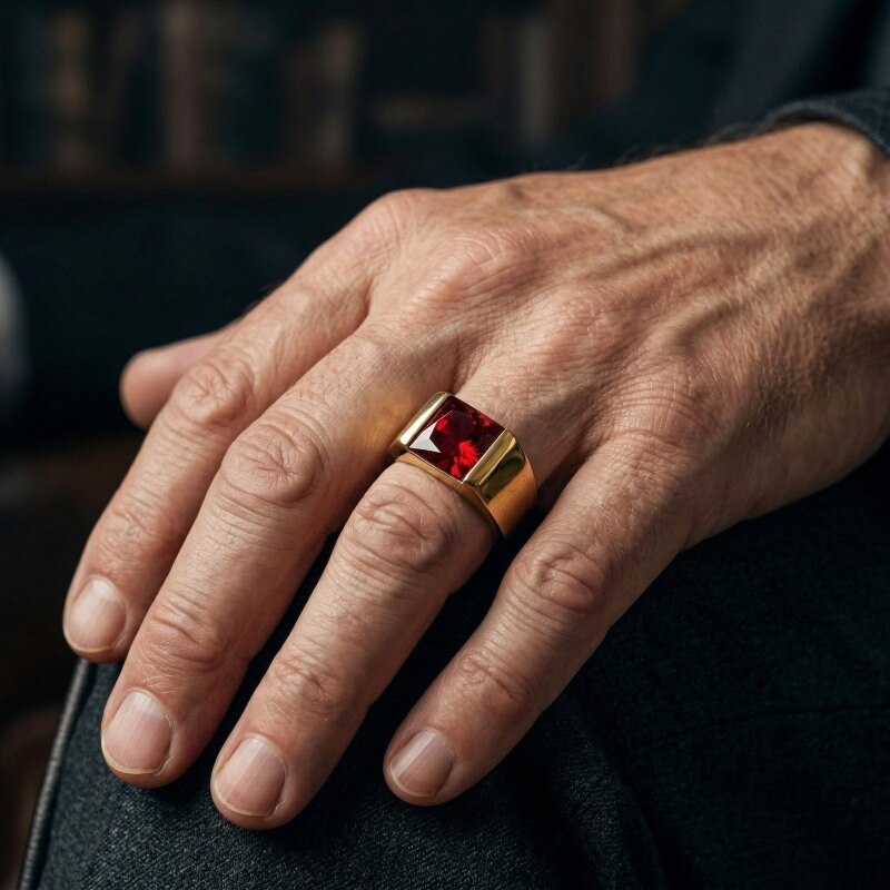 Anillo para hombre de oro de 14 quilates con rubí talla princesa-2