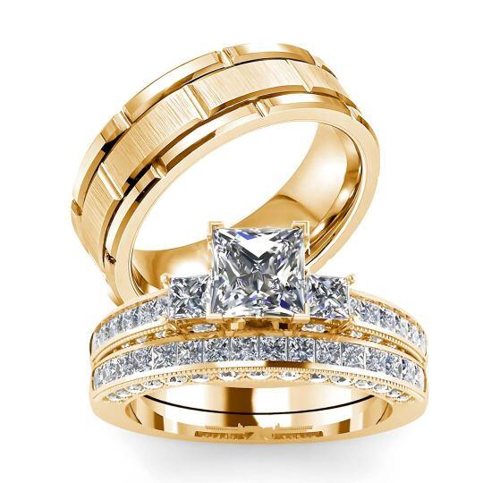 Anillos de pareja de oro 14K con moissanita talla princesa de 1 a 6 CT