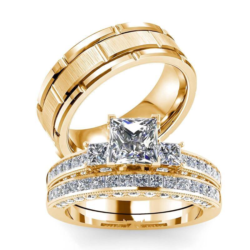 14K Gold 1 to 6 CT Princess Cut Moissanite Couple Rings-5