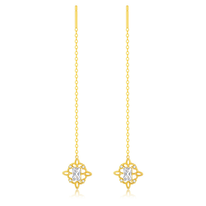 14K Gold Princess-square Shaped Cubic Zirconia Celtic Knot Drop Earrings