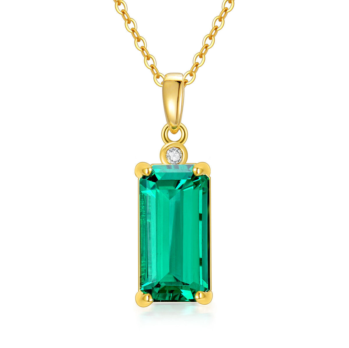 14K Gold Princess-square Shaped Diamond & Emerald Square Pendant Necklace-1