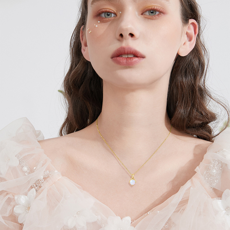 10K White Gold Princess Cut Diamond & Opal Infinity Symbol Pendant Necklace-2