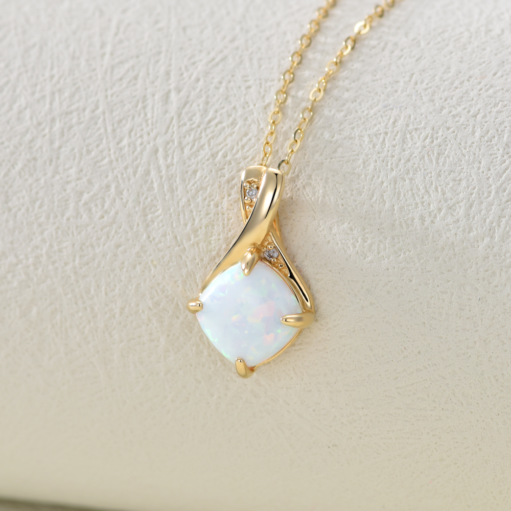 10K Gold Princess-square Shaped Diamond & Opal Infinity Symbol Pendant Necklace-3