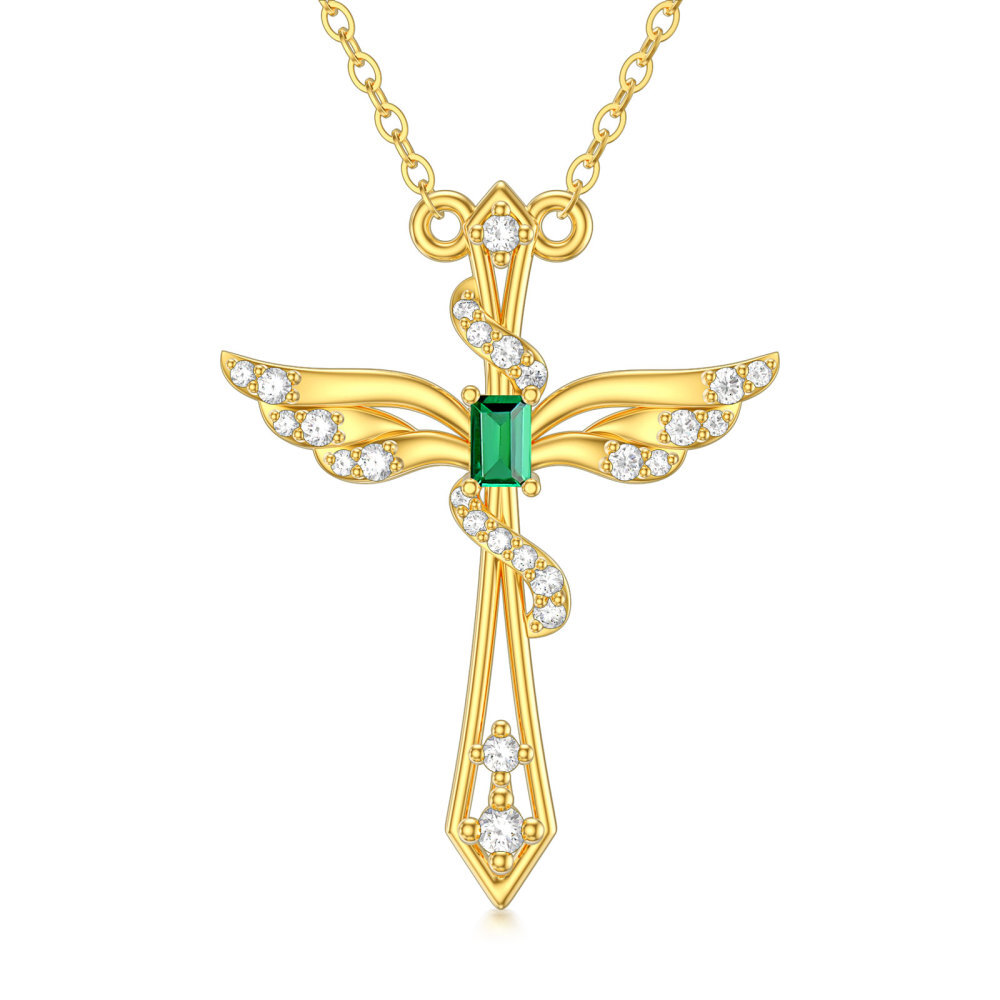 10K Gold Princess-square Shaped Emerald Angel Wing & Cross Pendant Necklace-1