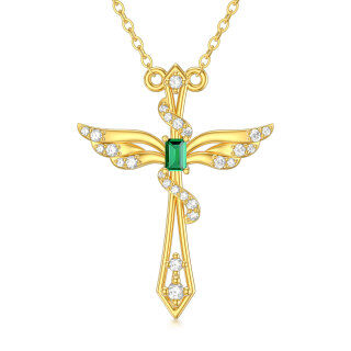 10K Gold Princess-square Shaped Emerald Angel Wing & Cross Pendant Necklace-19