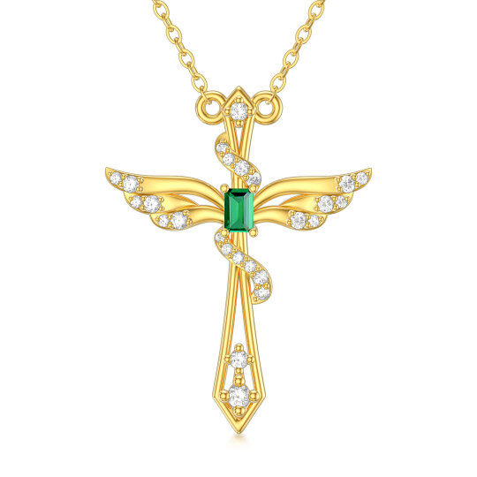 10K Gold Princess-square Shaped Emerald Angel Wing & Cross Pendant Necklace