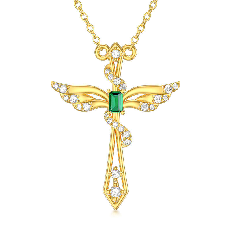 14K Gold Princess-square Shaped Emerald Angel Wing & Cross Pendant Necklace