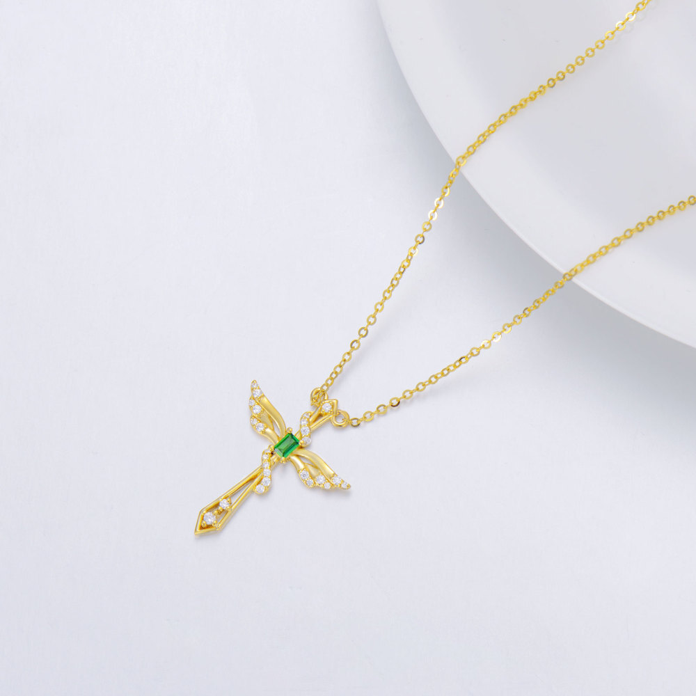 10K Gold Princess-square Shaped Emerald Angel Wing & Cross Pendant Necklace-3