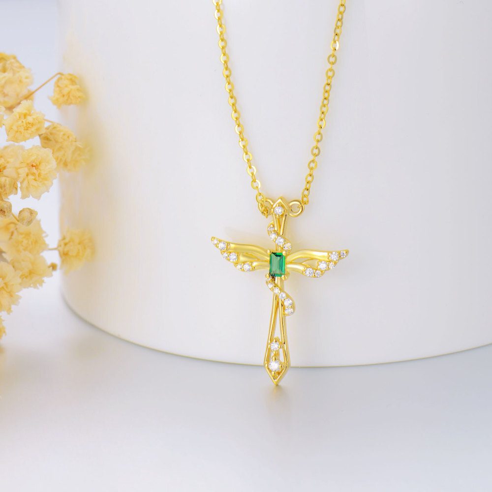 10K Gold Princess-square Shaped Emerald Angel Wing & Cross Pendant Necklace-4