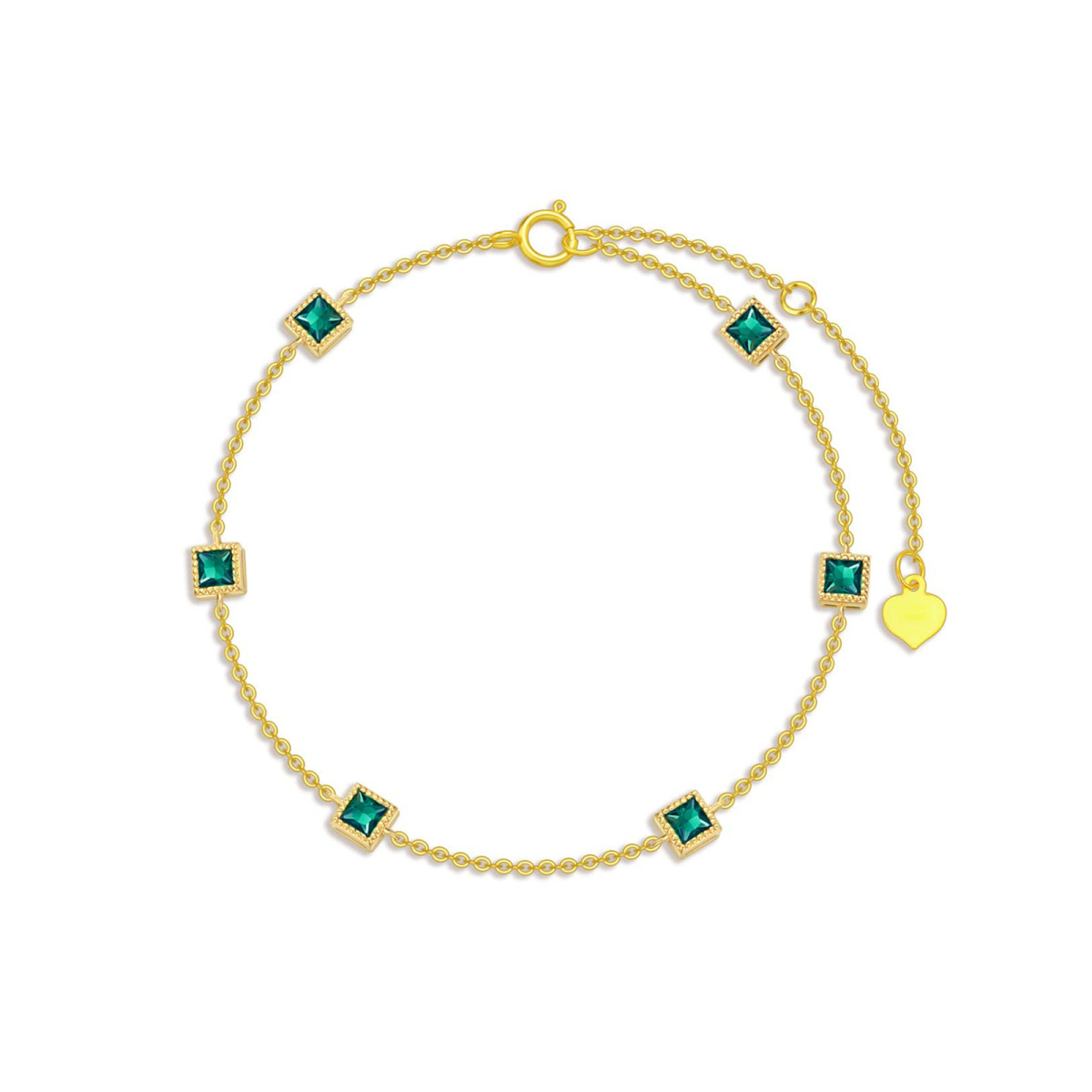 10K Gold Princess-square Shaped Emerald Charm Bracelet-1