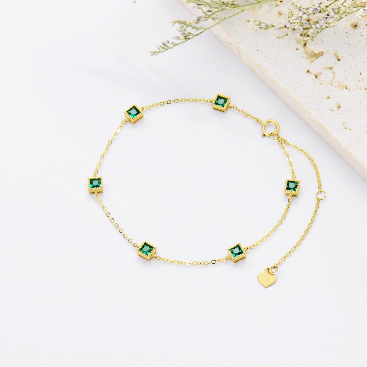 10K Gold Princess-square Shaped Emerald Charm Bracelet-3