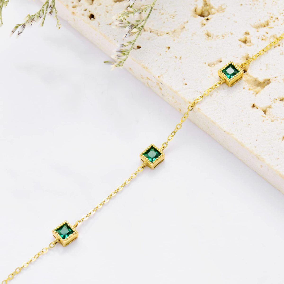 10K Gold Princess-square Shaped Emerald Charm Bracelet-4