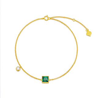 10K Gold Princess-square Shaped Emerald Charm Bracelet-48