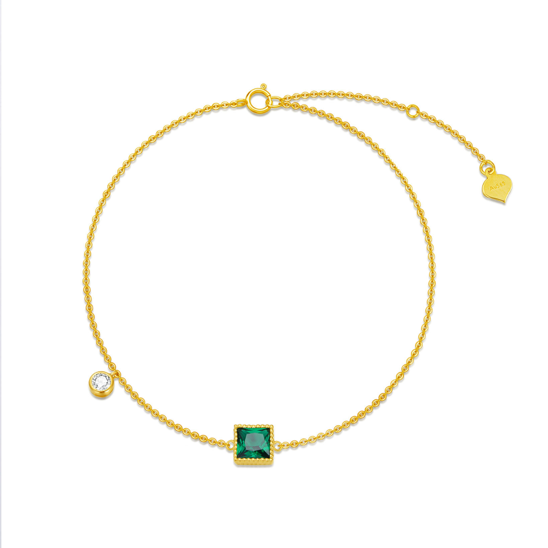 10K Gold Princess-square Shaped Emerald Charm Bracelet-17