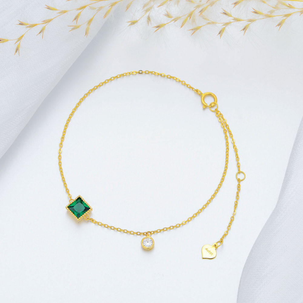 10K Gold Princess-square Shaped Emerald Charm Bracelet-3
