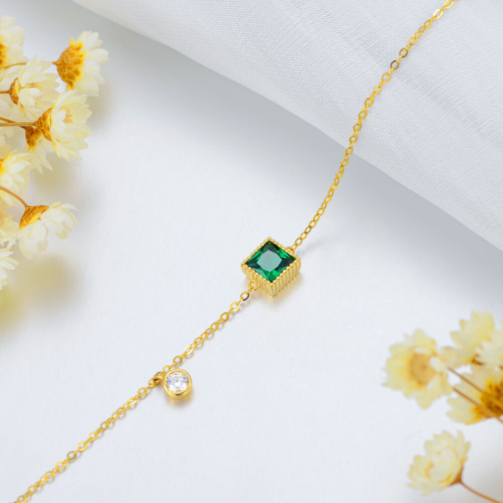 10K Gold Princess-square Shaped Emerald Charm Bracelet-4