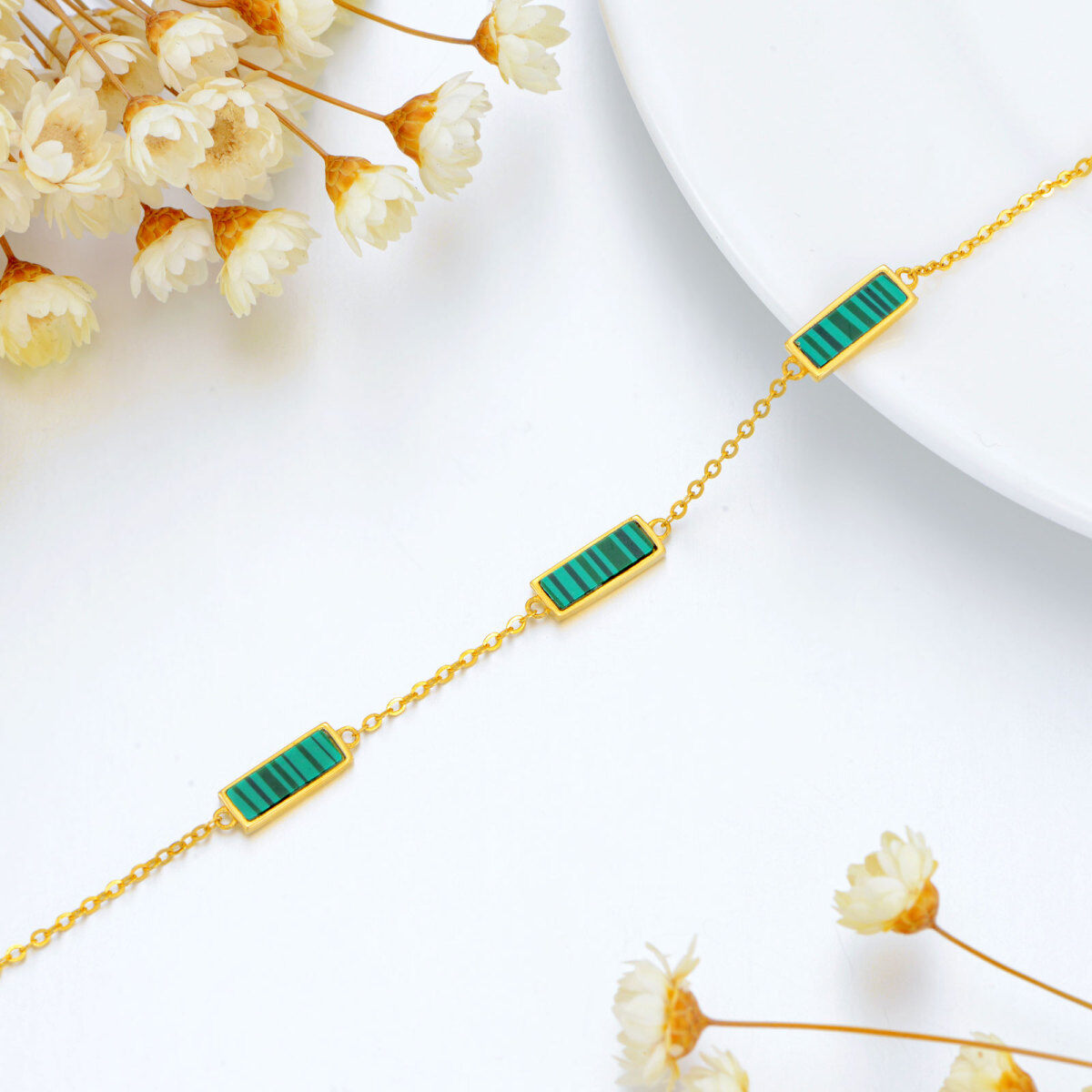 14K Gold Princess-square Shaped Malachite Pendant Bracelet-4