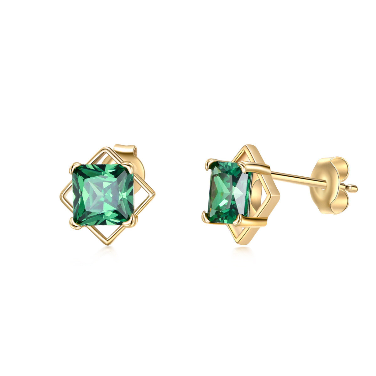 10K Gold Princess-square Shaped Cubic Zirconia Square Stud Earrings-1