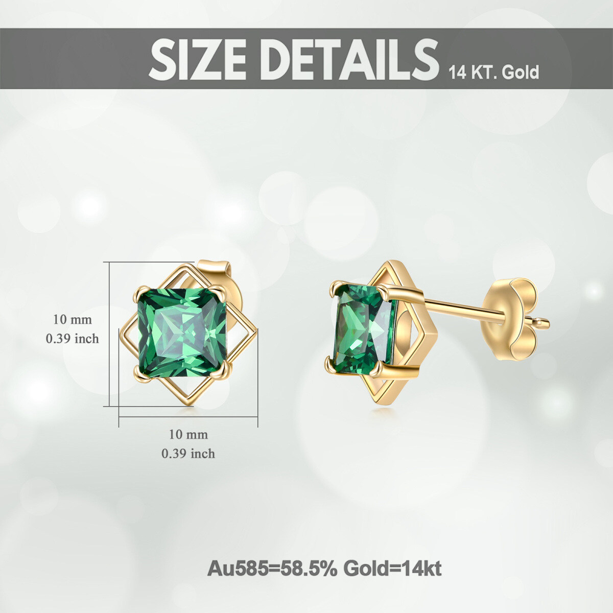 10K Gold Princess-square Shaped Cubic Zirconia Square Stud Earrings-5