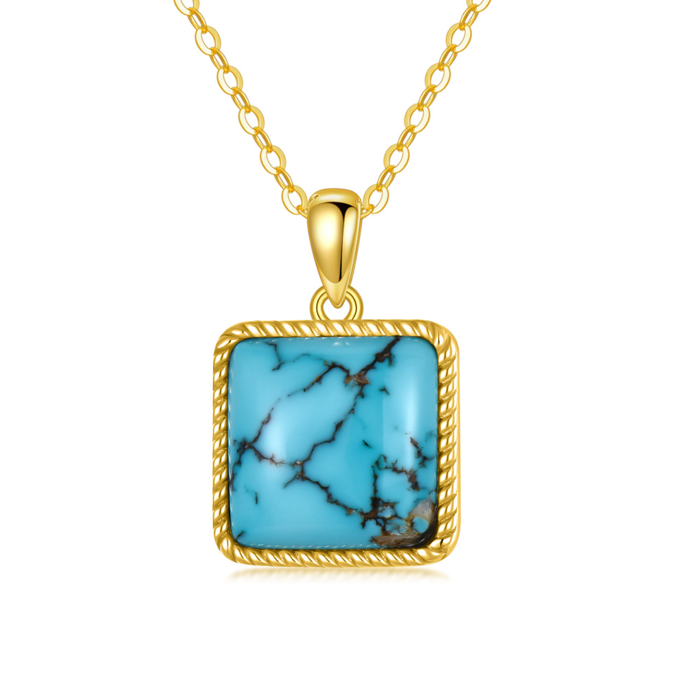 10K Gold Princess-square Shaped Turquoise Pendant Necklace-1