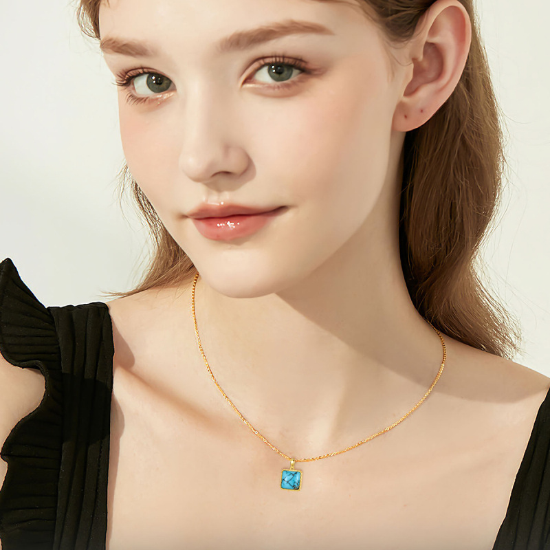14K Gold Princess-square Shaped Turquoise Pendant Necklace-2