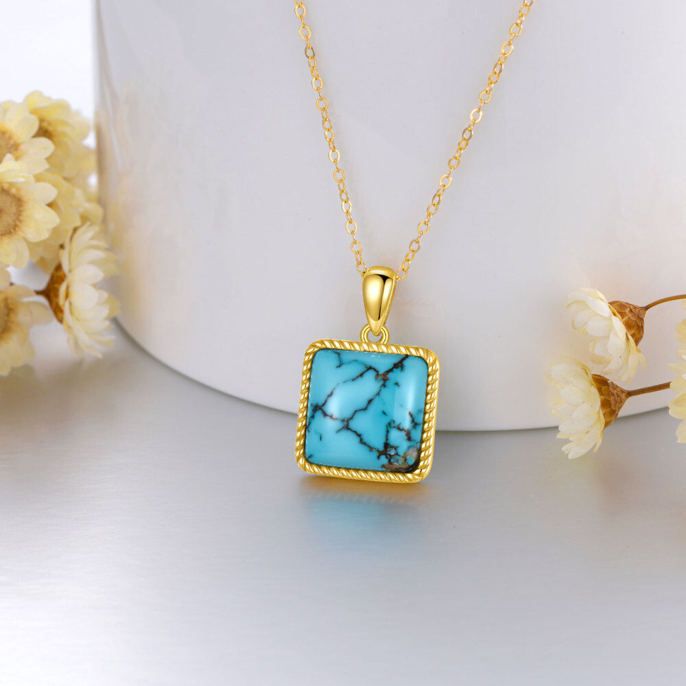 10K Gold Princess-square Shaped Turquoise Pendant Necklace-3