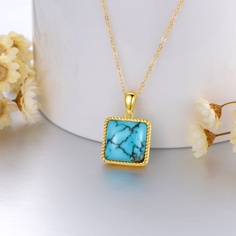 14K Gold Princess-square Shaped Turquoise Pendant Necklace-3