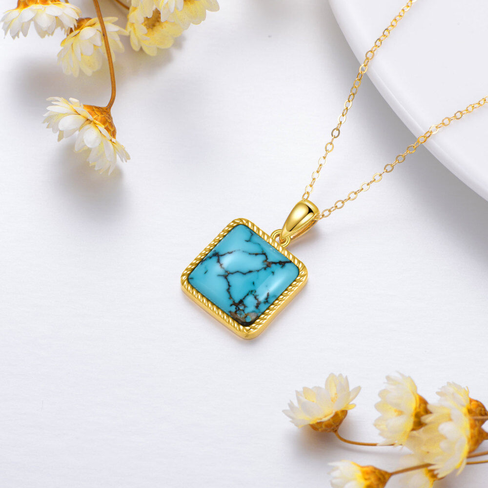 10K Gold Princess-square Shaped Turquoise Pendant Necklace-4
