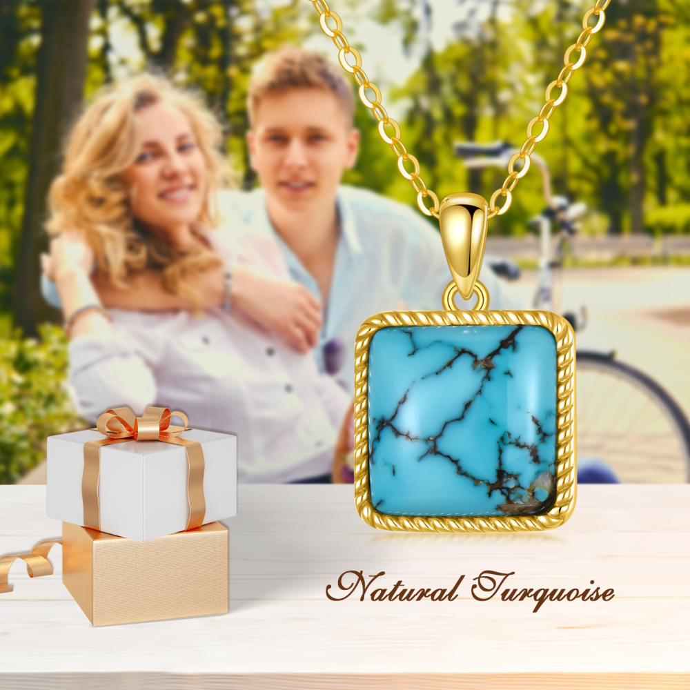 10K Gold Princess-square Shaped Turquoise Pendant Necklace-5