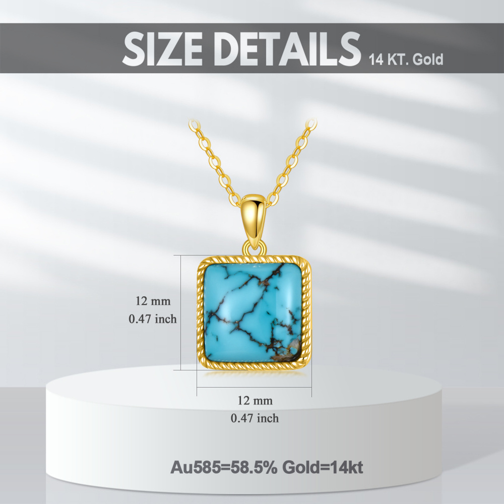 10K Gold Princess-square Shaped Turquoise Pendant Necklace-6