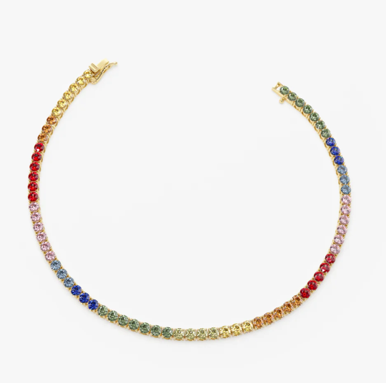 Tennisarmband aus 14 Karat Gold mit Diamanten und mehrfarbigem Saphir in Krappenfassung, 2 mm