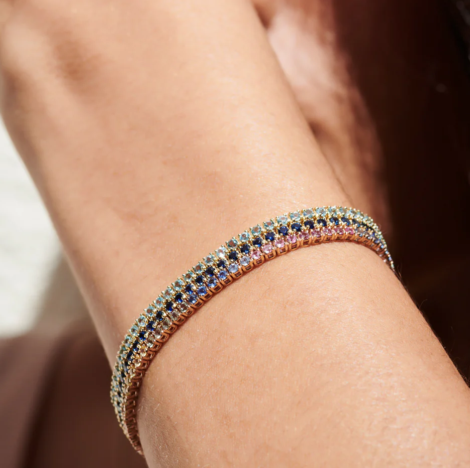 10K Gold Prong Setting Diamond and Multi-Color Sapphire Tennis Bracelet 2mm-2