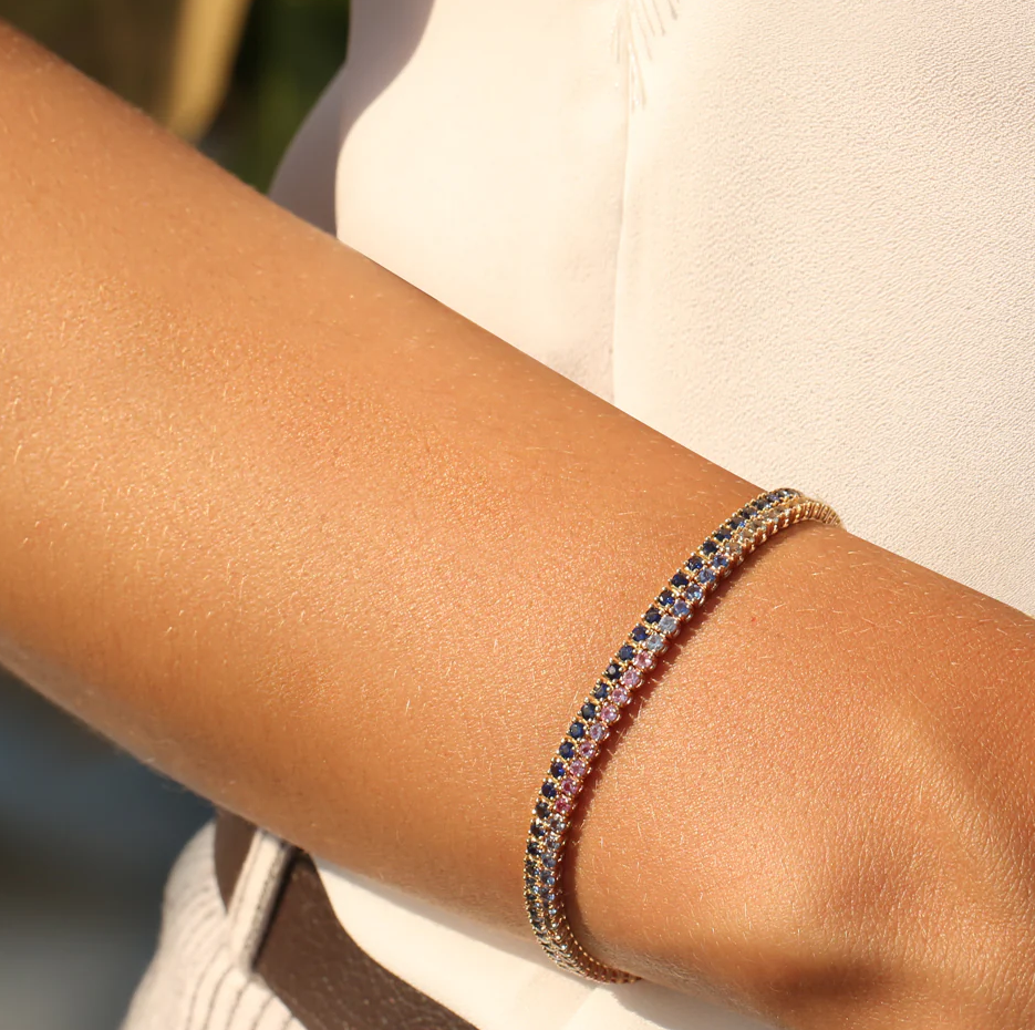 10K Gold Prong Setting Diamond and Multi-Color Sapphire Tennis Bracelet 2mm-3