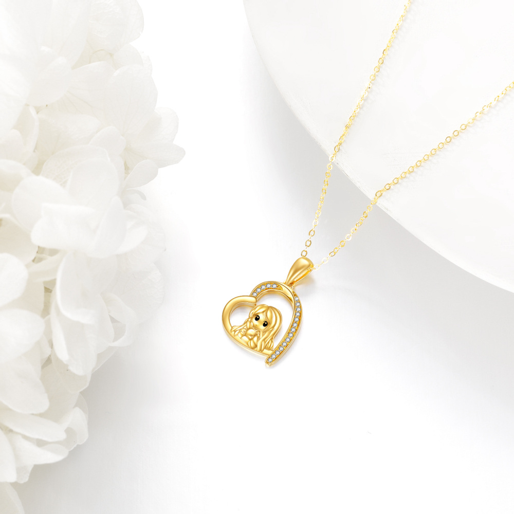 10K Gold Cubic Zirconia Rabbit & Heart Pendant Necklace-3