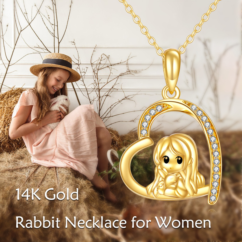 Naszyjnik z wisiorkiem w kształcie królika i serca z białego złota 10K z cyrkonii sześciennej-5